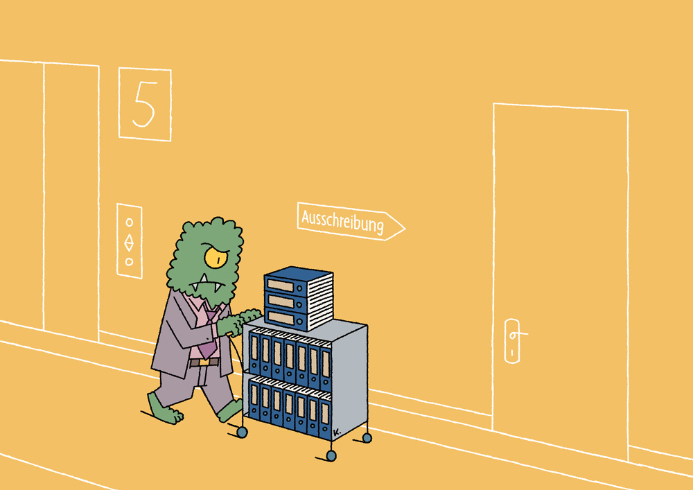 monster in suit drives handcart with folder