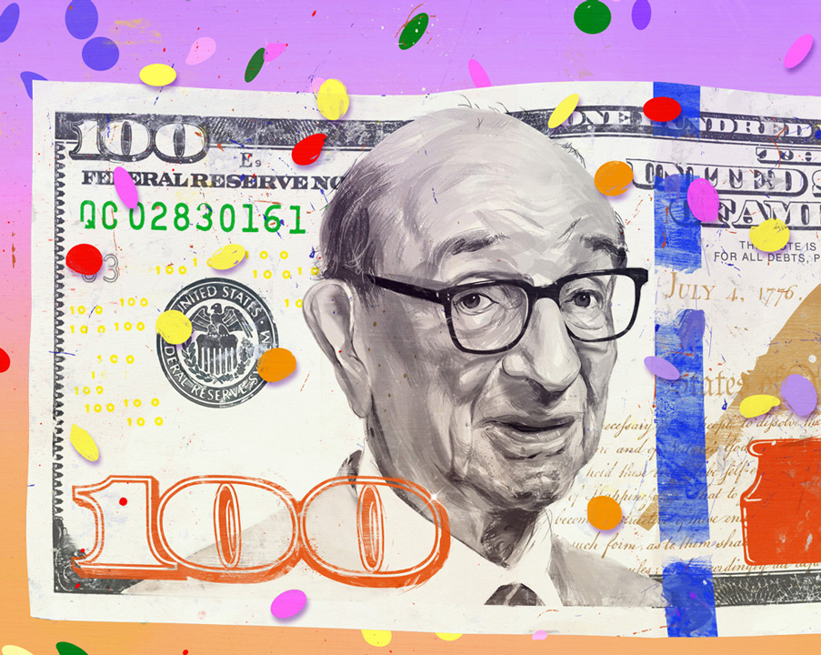 portrait of a Alan Greenspan on a 100 Dollar bill