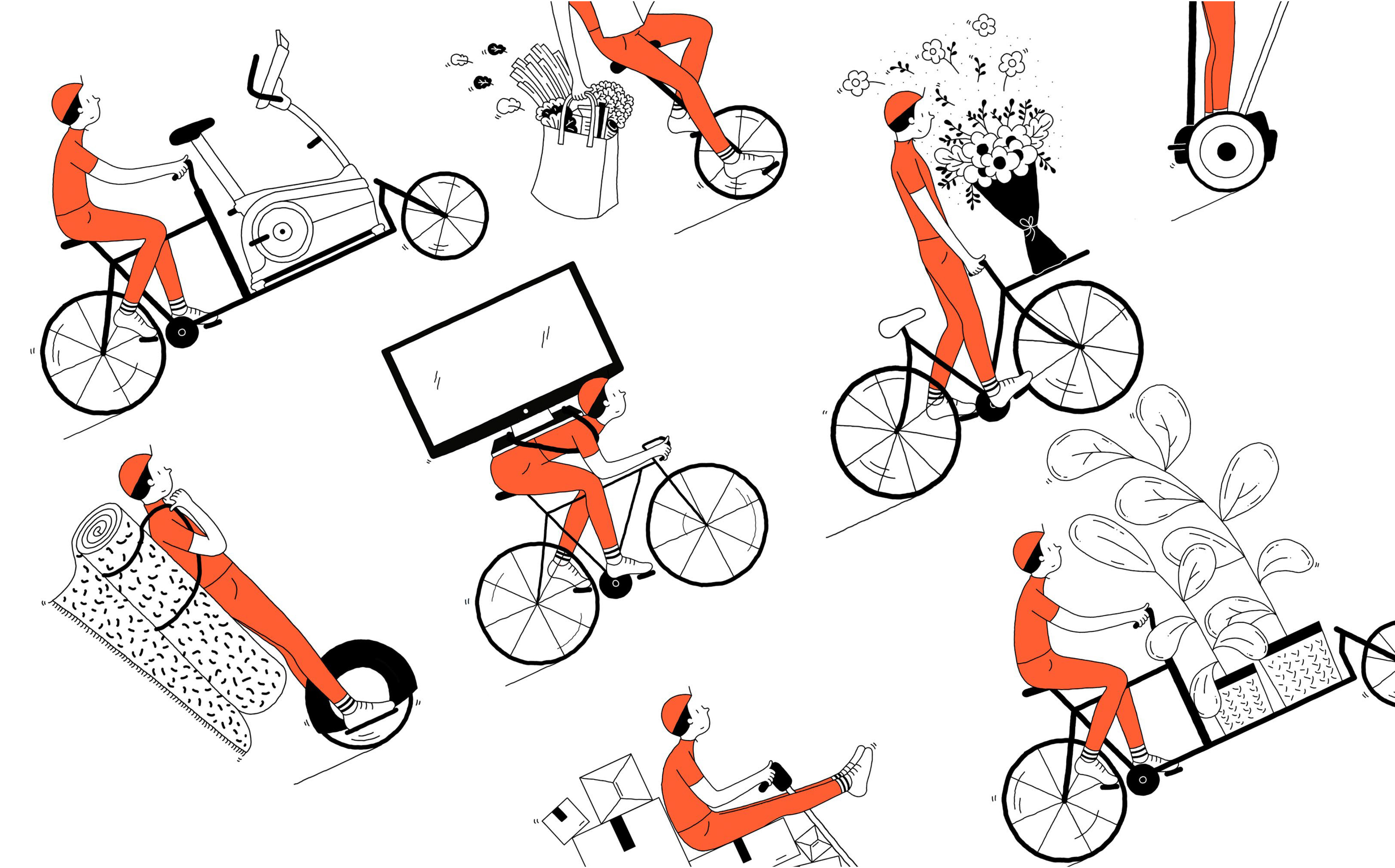 collage of people on bikes delifering items 