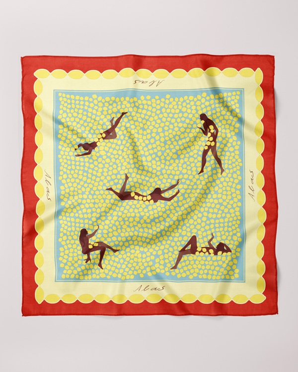 illustrated scarf with women swimming in lemons 