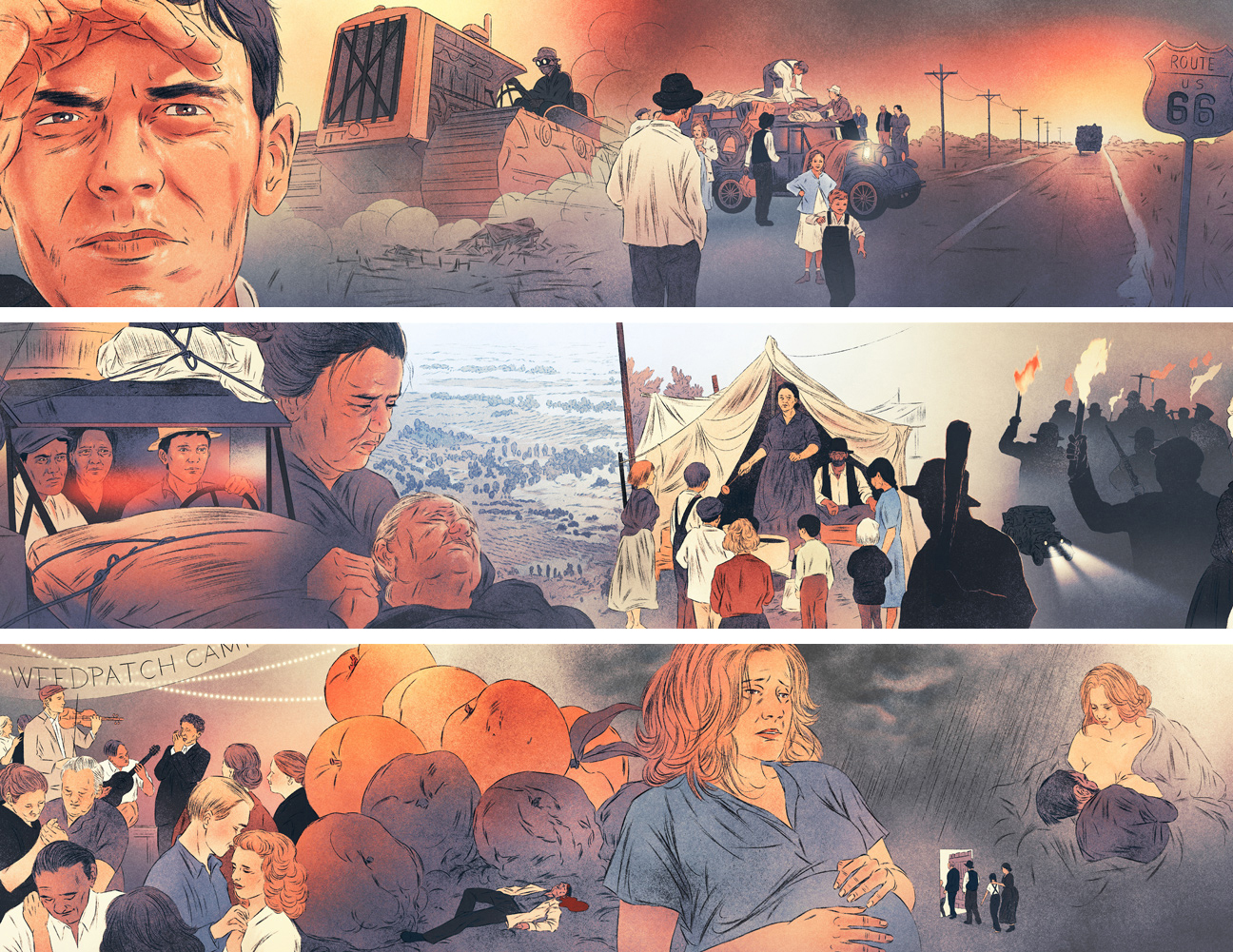 12 scenes as a film strip of american people in the last century