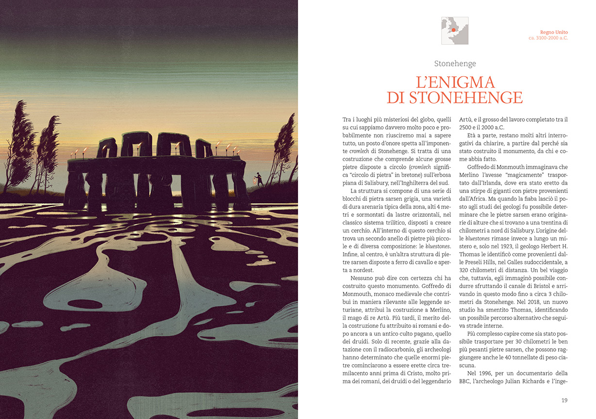 book pages with an illustration of Stonehenge