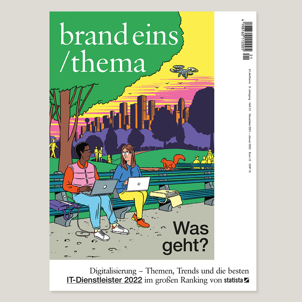 photo of a magazine cover illustrated in a comic style, that shows two young people sitting in a park with laptops