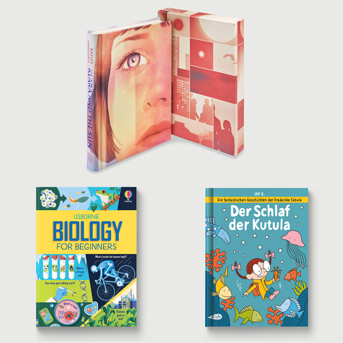 book cover photos with face of young woman, biology childrens book and comic book with young girl under water