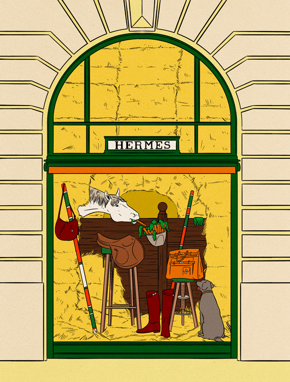 horse in hermes shop window eating carrot 