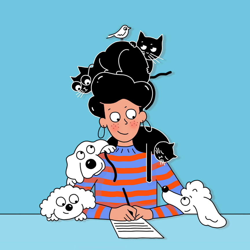 sitting girl with cats and dogs