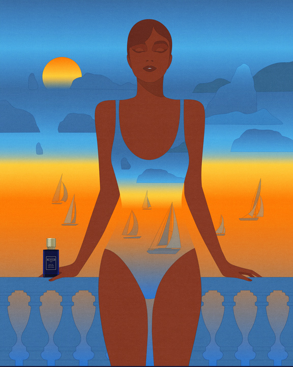 woman in a swimsuit standing in front of the sea in the evening