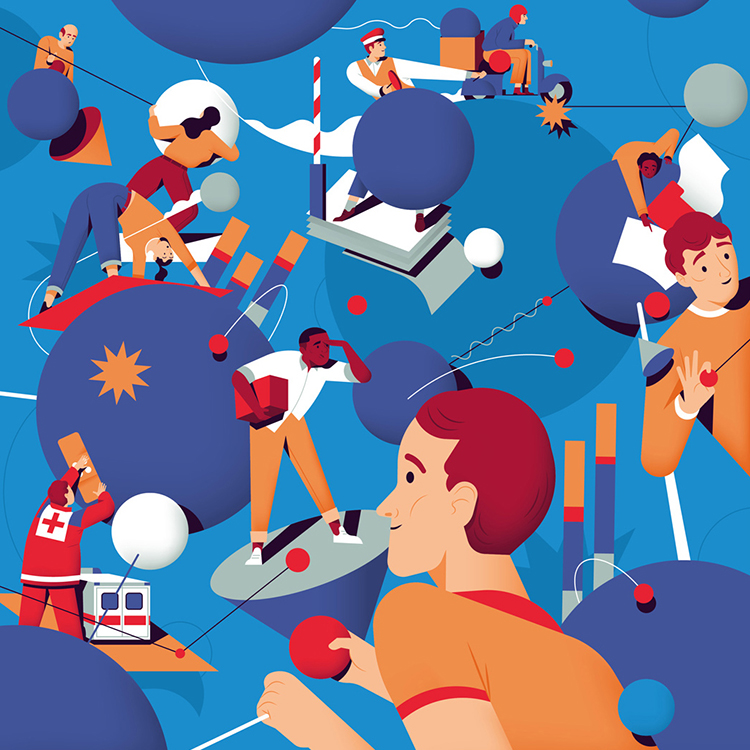 illustrated people on flying balls