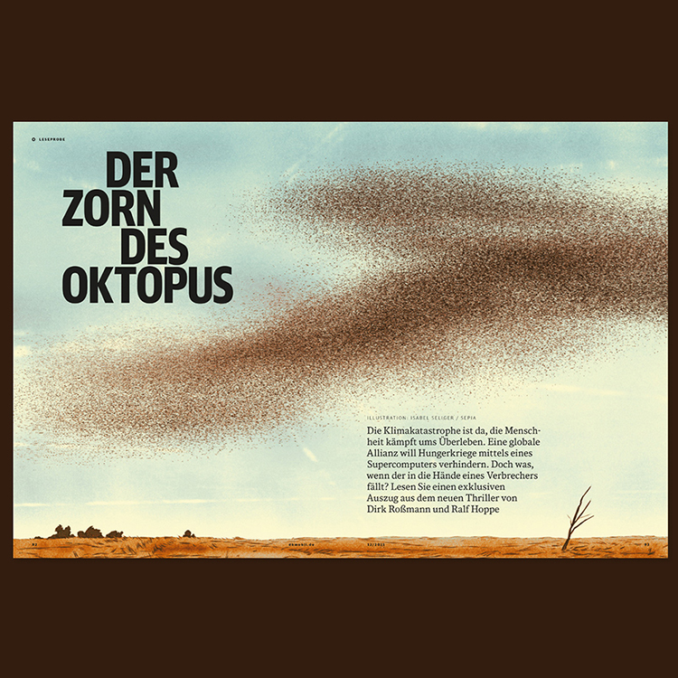 magazine pages with an illustration of a landscape and a swarm flying in the sky 