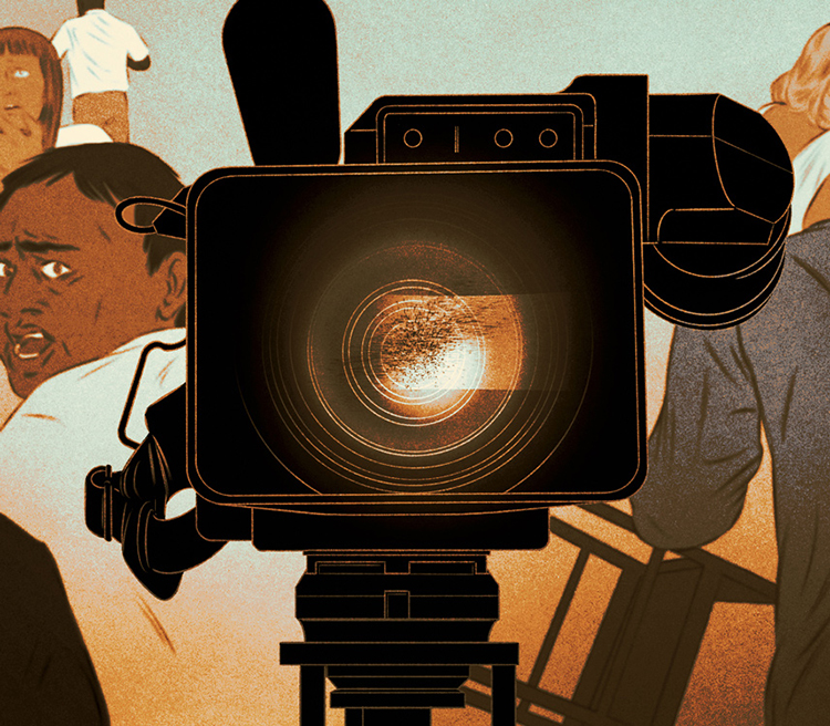 view into a camera lens with fleeing people in the background