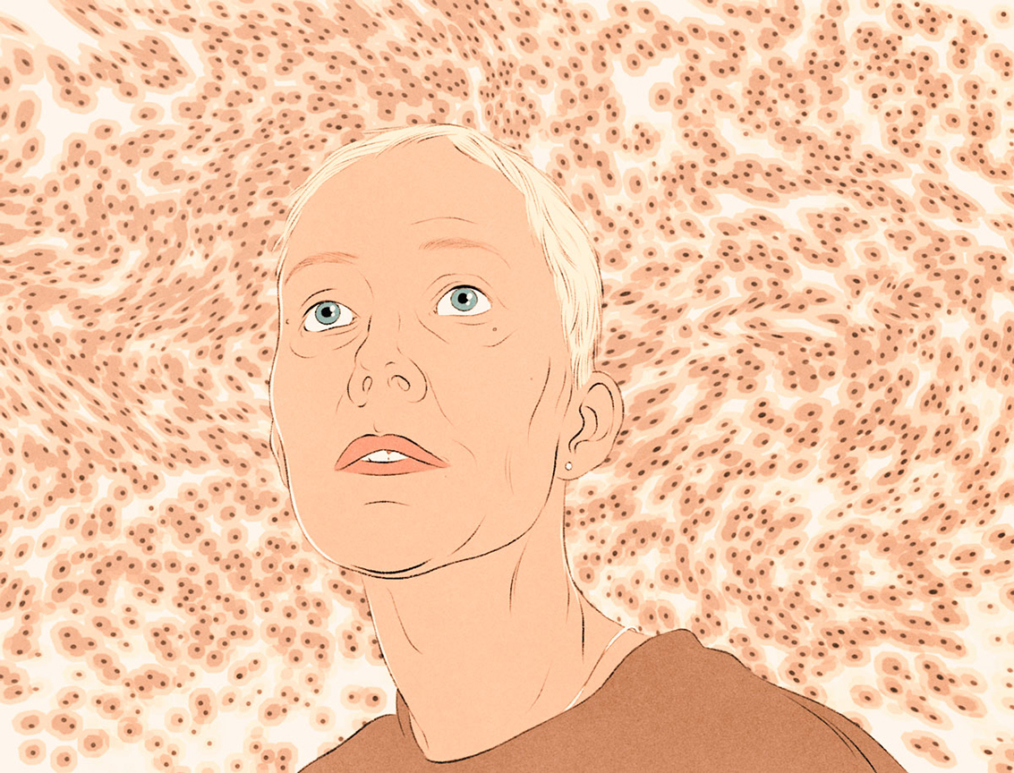 face of a woman with a pattern of cells behind her