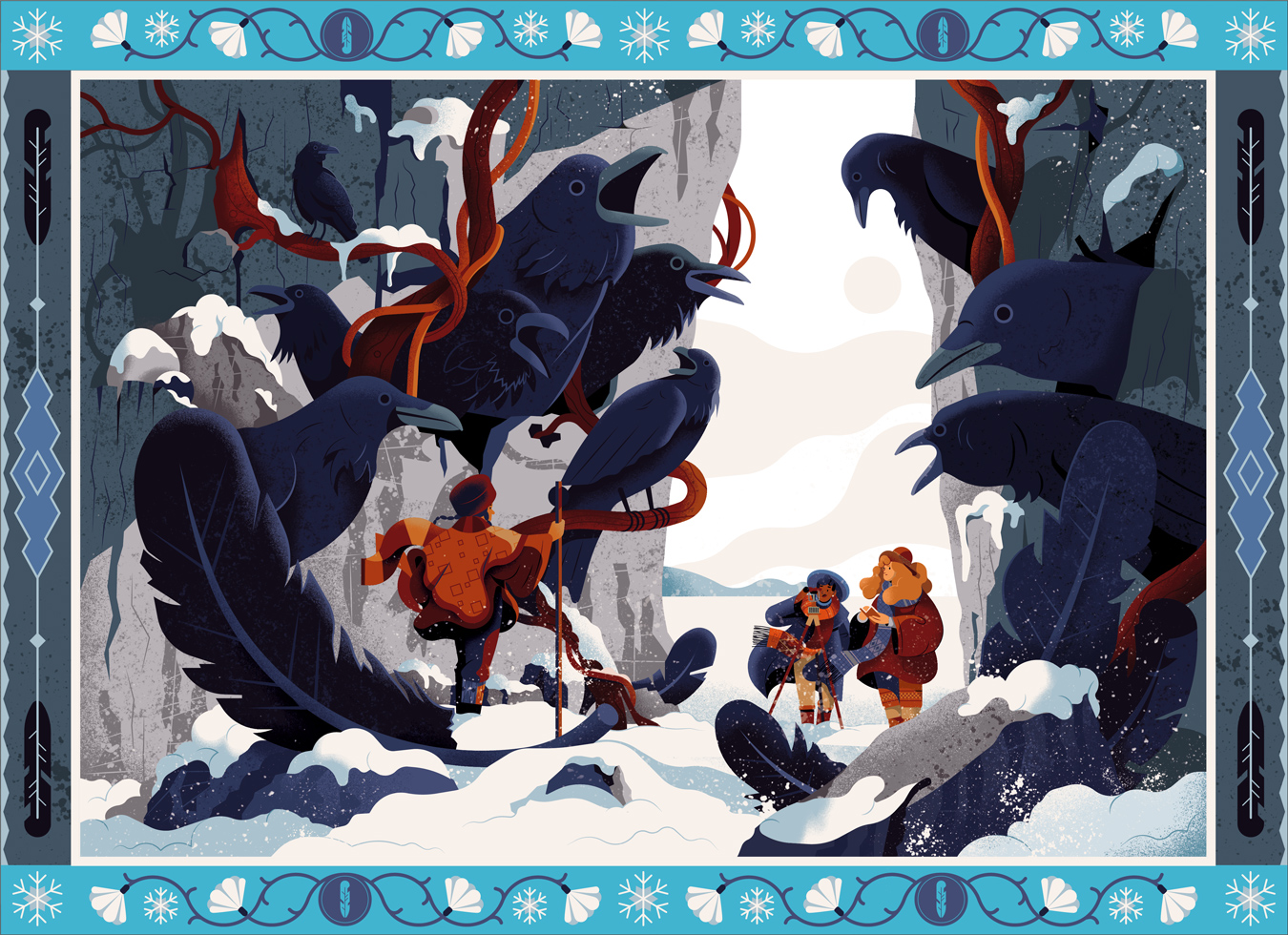 two explorer surrounded by giant ravens 