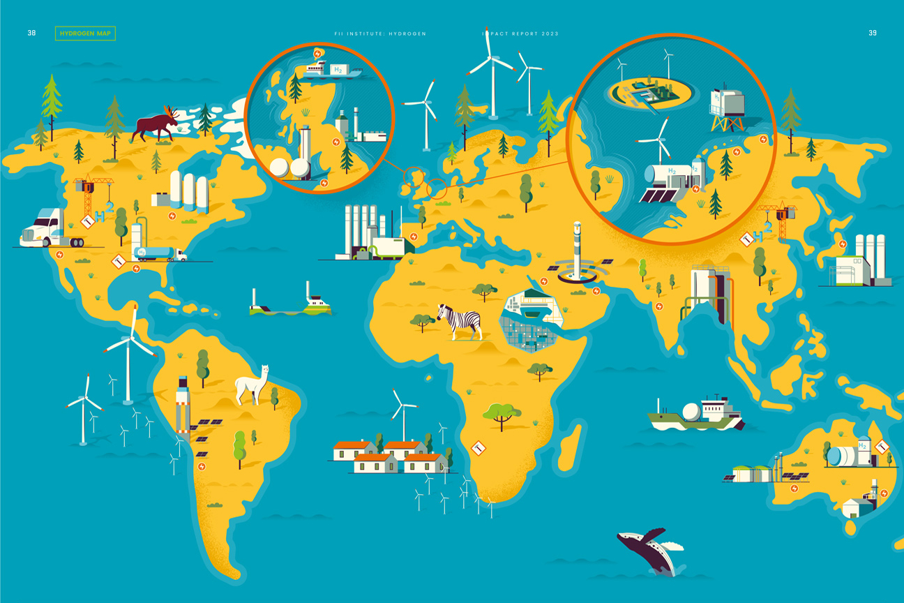 people looking at wind turbines, erlenmeyer flask, petrol station, atom symbols