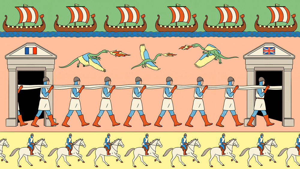 medieval soldiers walking through french and british porals 