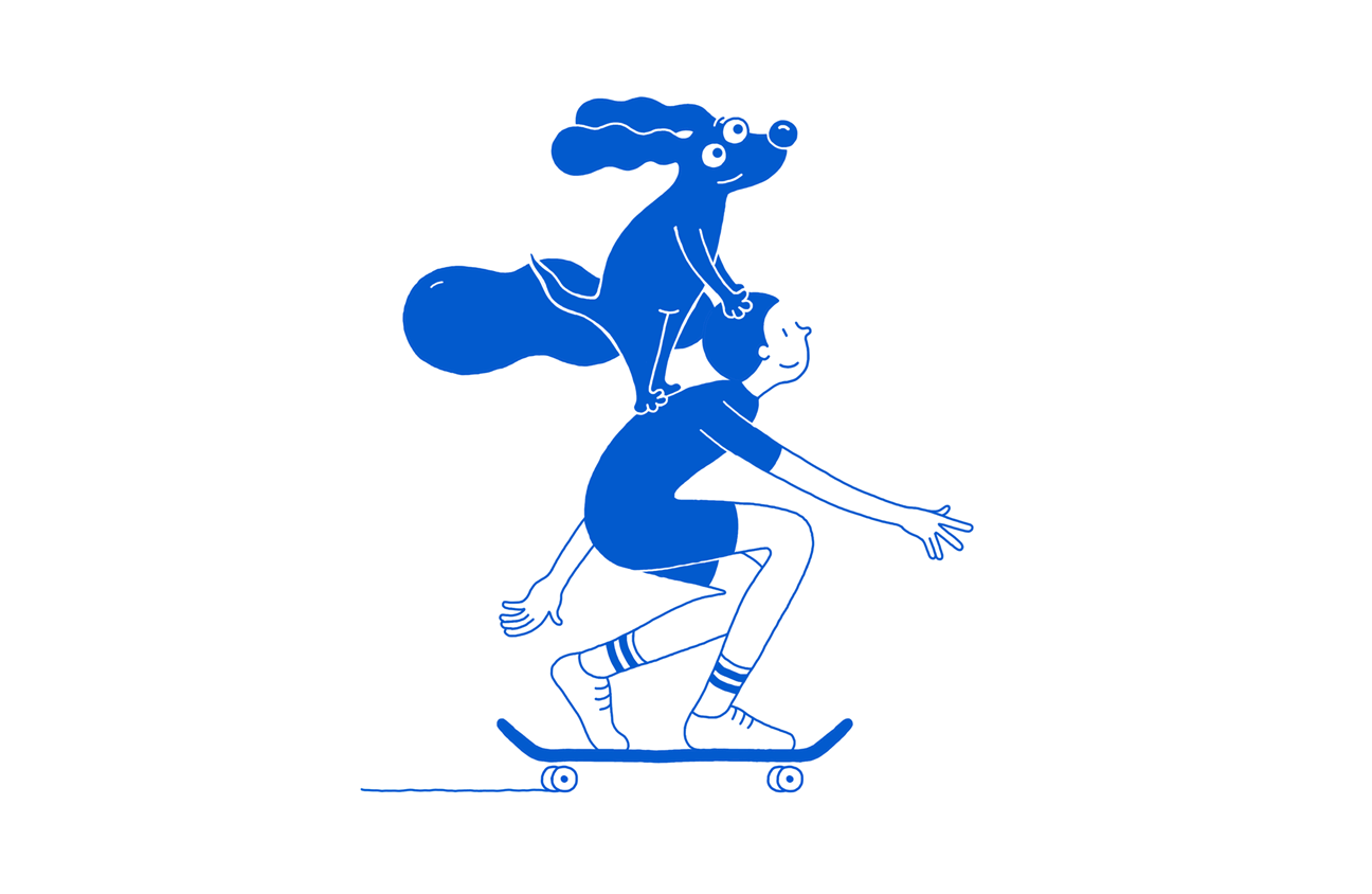 girl and dog on a mono wheel taking pictures with a tablet 