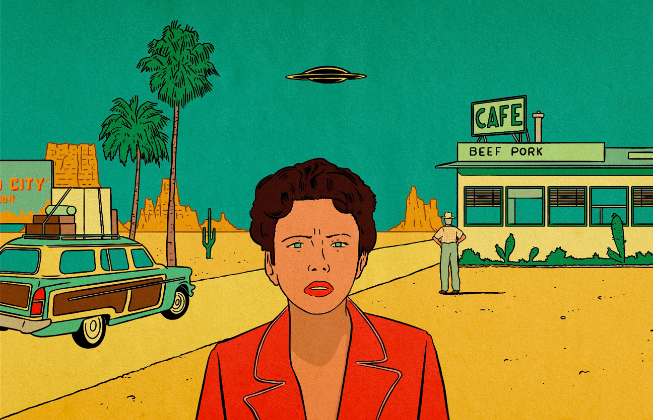 Scarlett Johansson in the film asteroid city standing in the desert 
