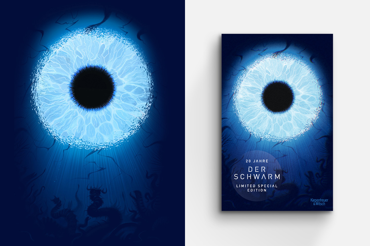 book cover with a big eye and under water scene of the book The Swarm