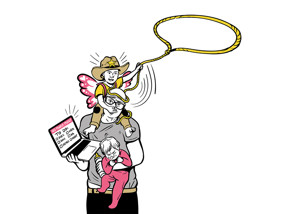 illustration of an overstrained dad carrying a baby, a playing child and a laptop 