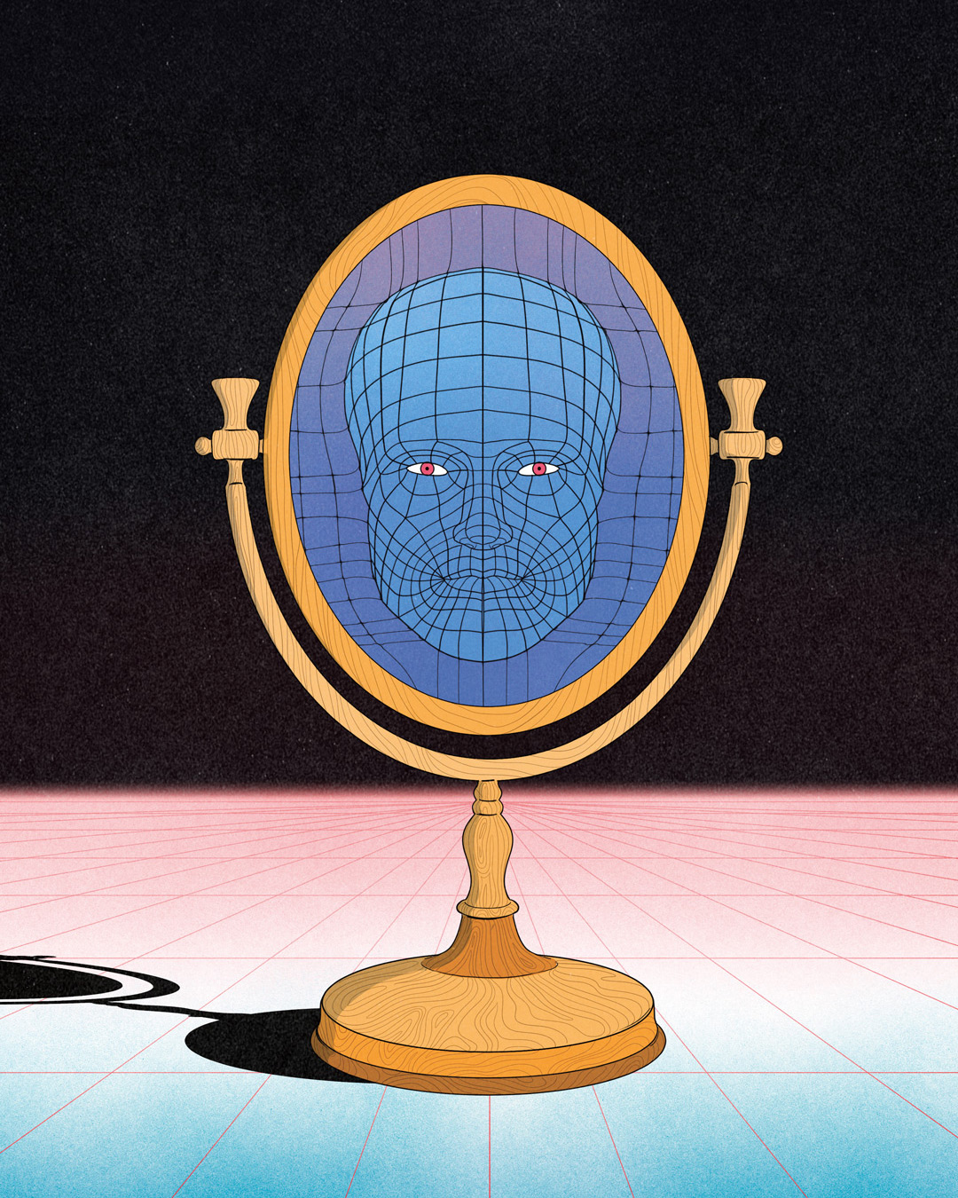 mirror showing a grid face 