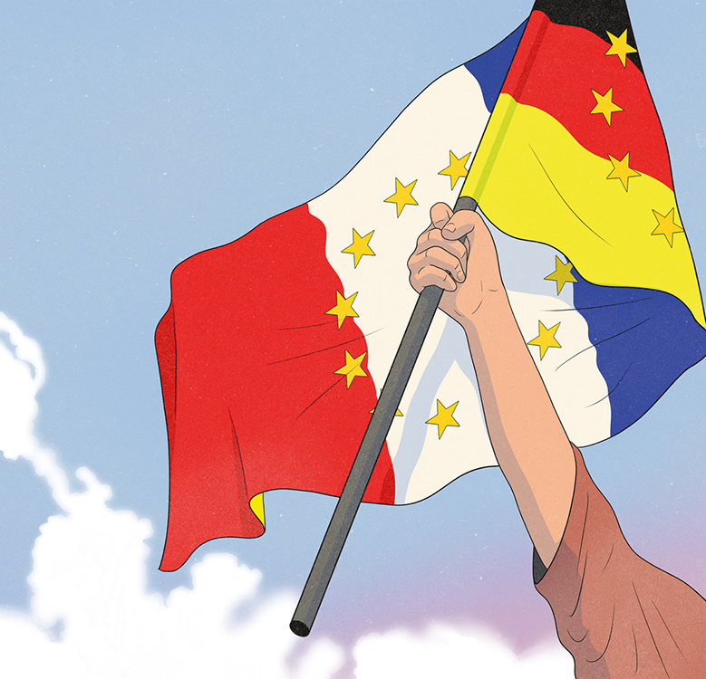 illustration of a flag with French and German colors and the stars of Europe