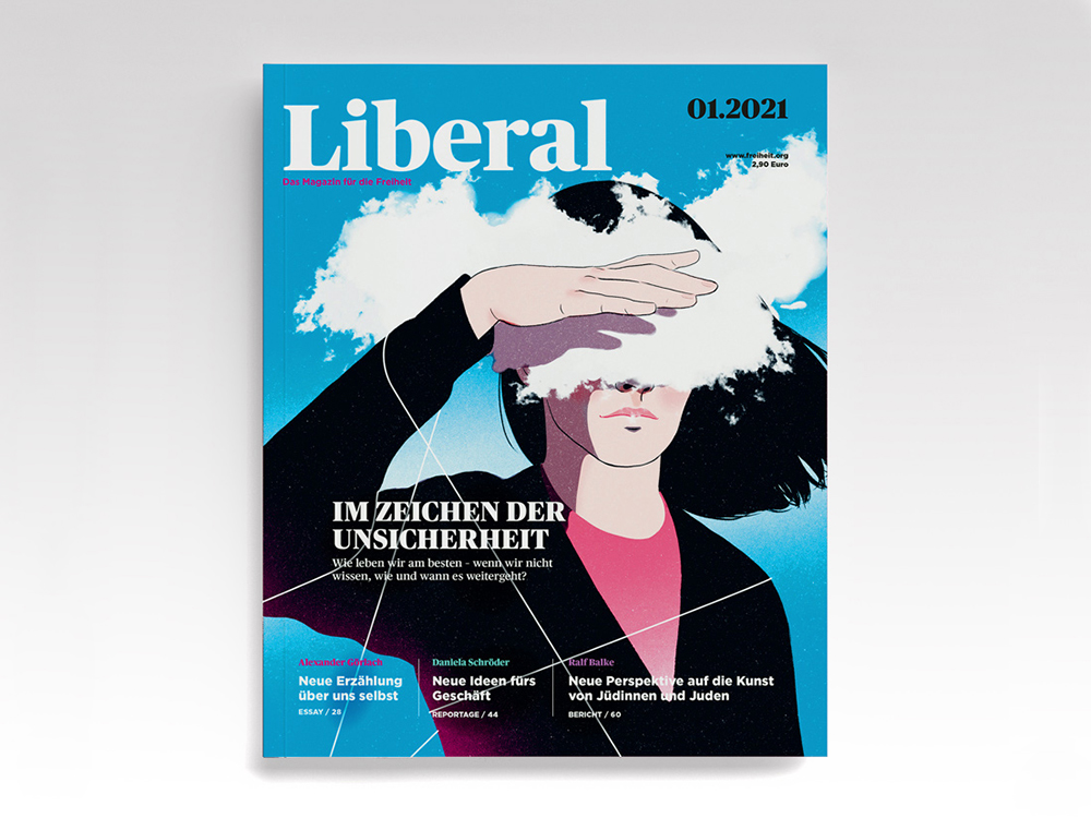 magazine cover with illustration of a woman whose eyes are covered by a cloud 