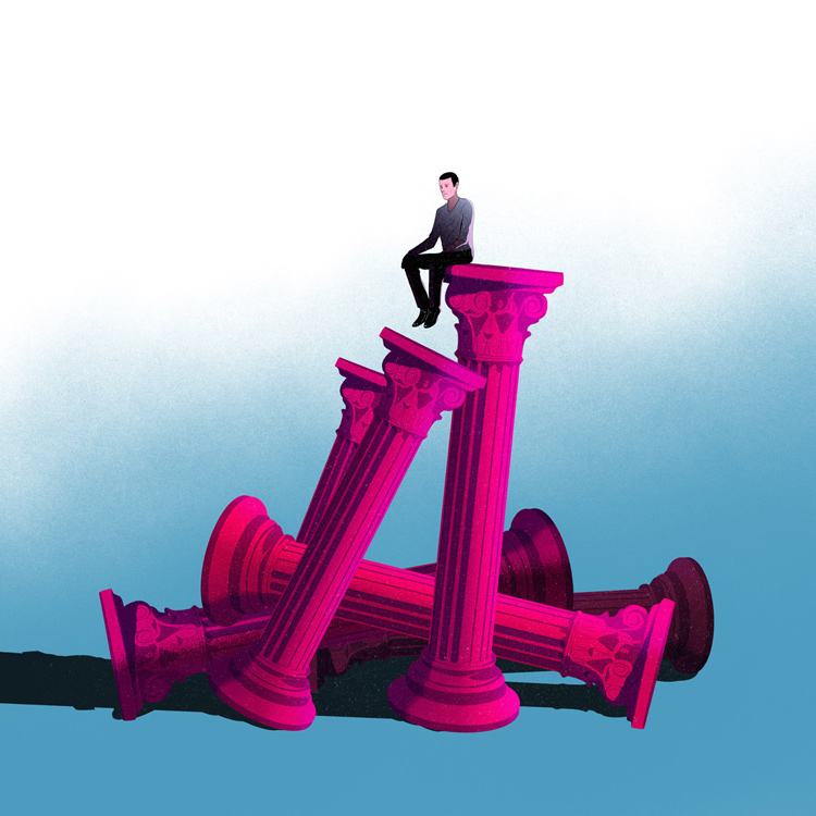 a man sitting on falling pillars