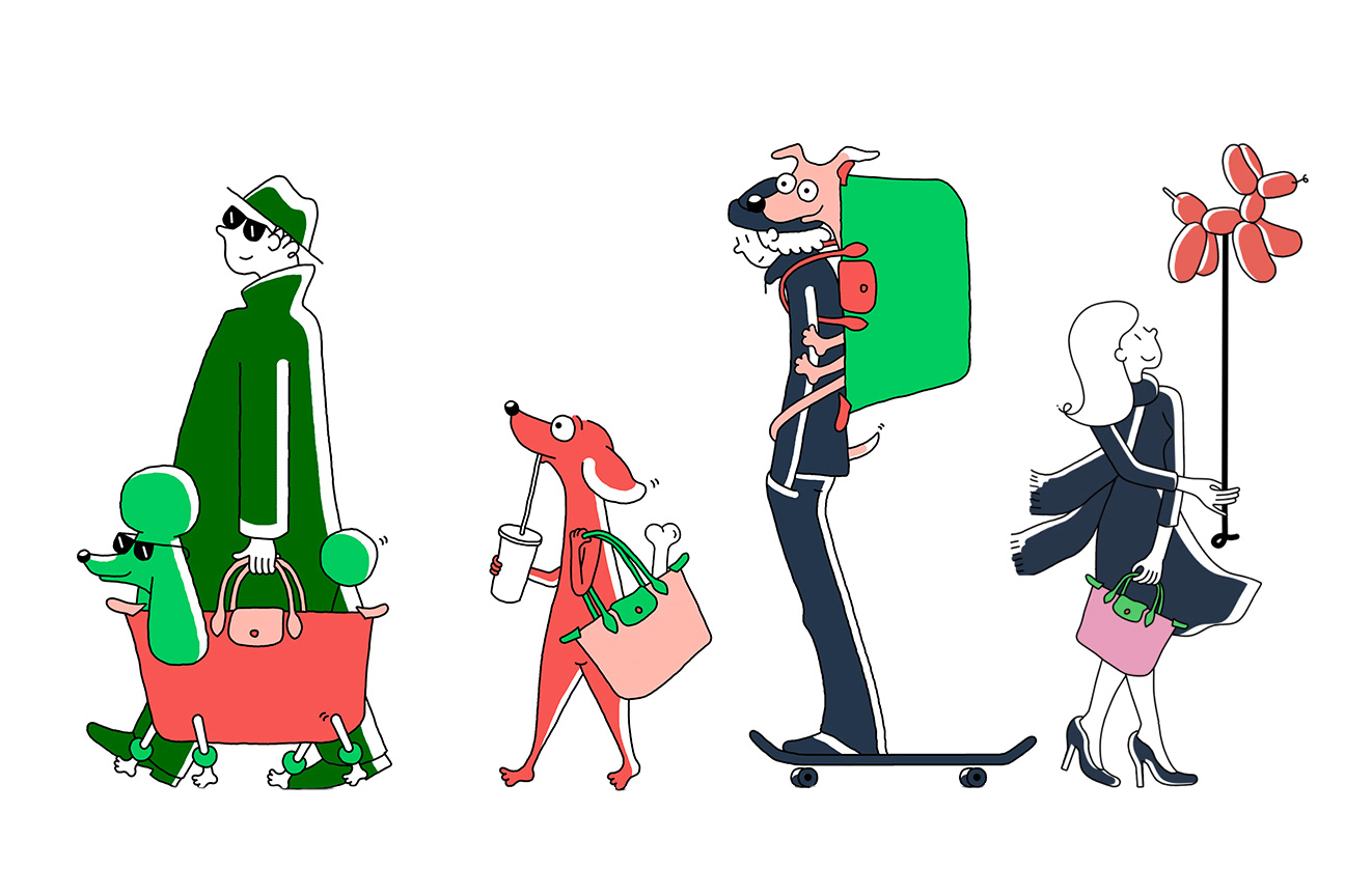 man and dog with sunglasses, dog drinking from a cup and walking with a bag