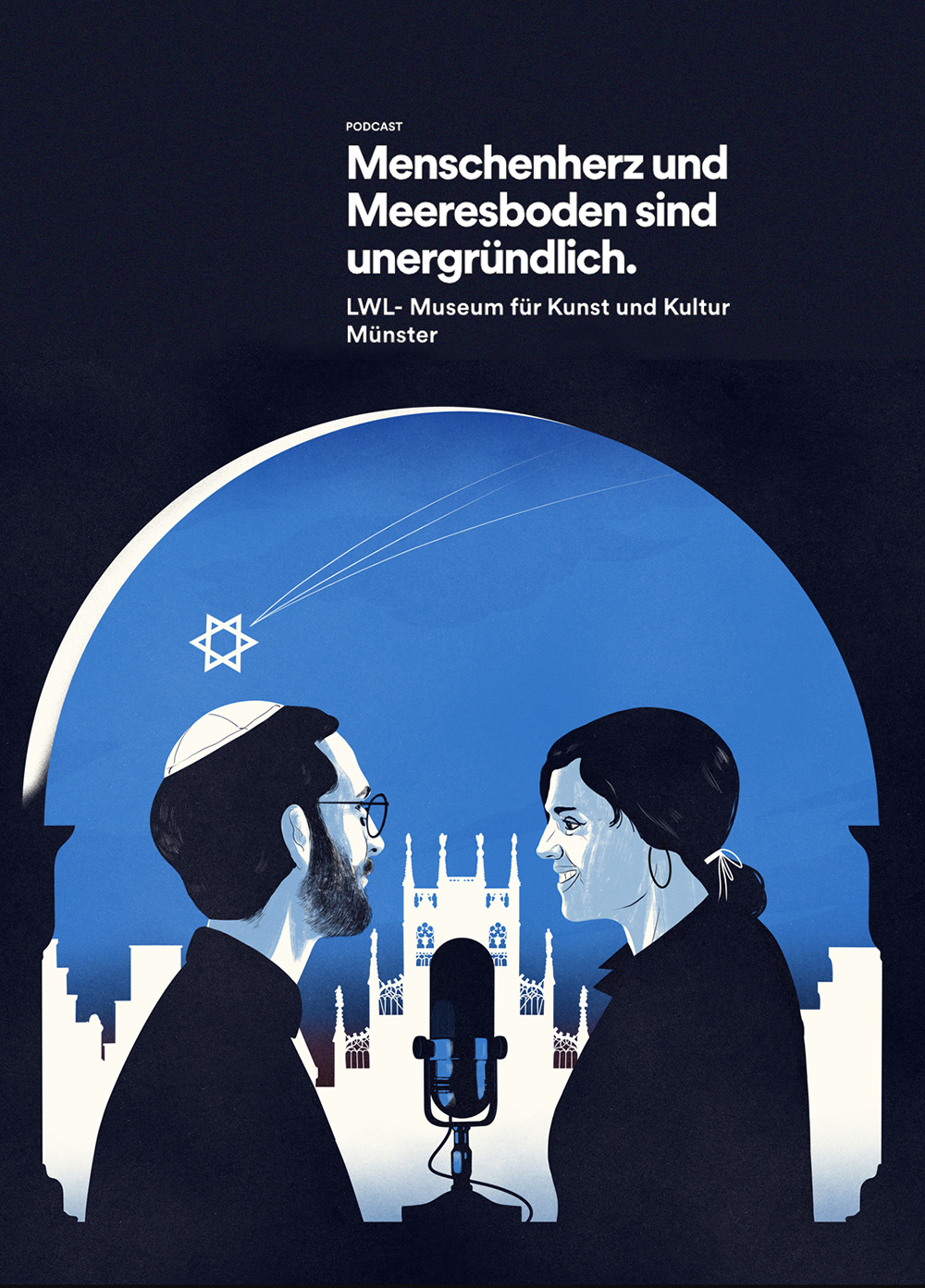 drawing of two speakers with a microphone in front of the city hall in the town Münster
