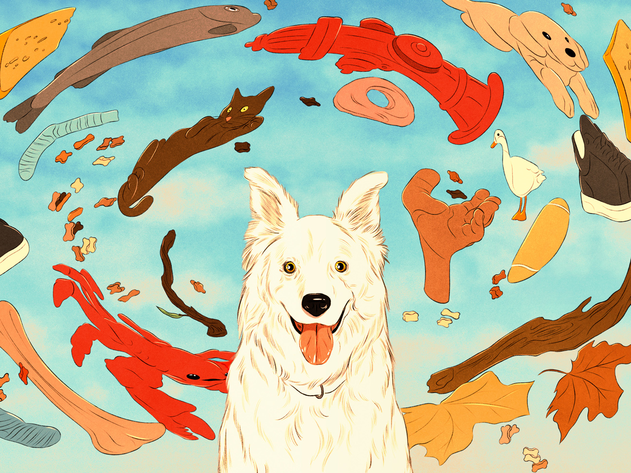 dog with elements from daily life flying around his head
