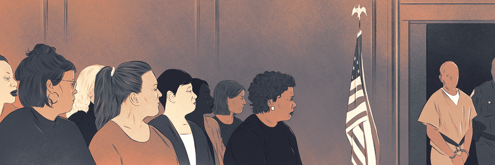 drawing of courtroom with audience and defendant 