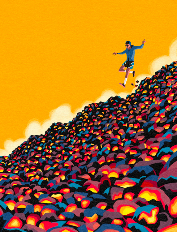 runner on red-hot coals during the downhill race 
