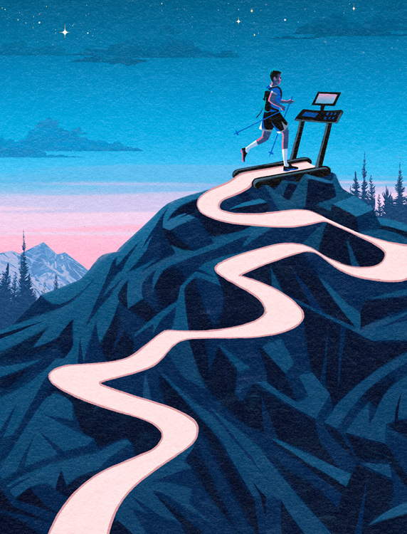 Trail runner on a treadmill on a mountain at night 