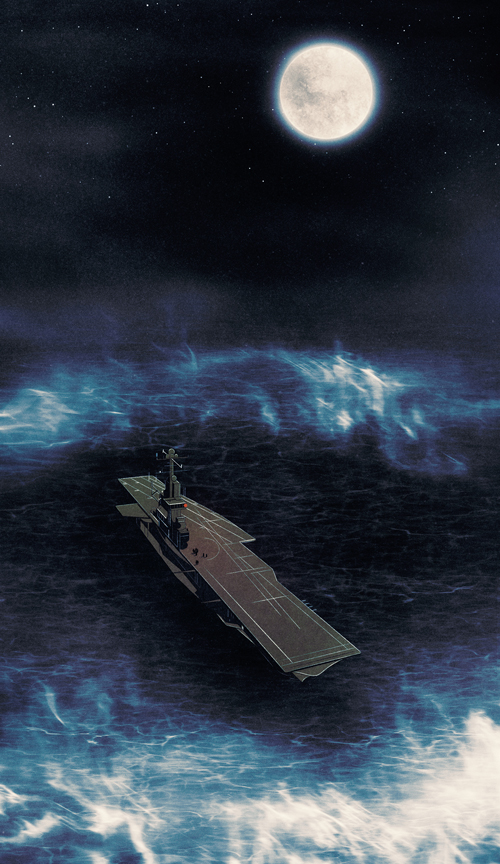 aircraft carrier on the ocean with full moon in the night sky a glow in the water