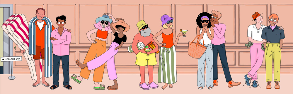 group of couples in hotel lobby