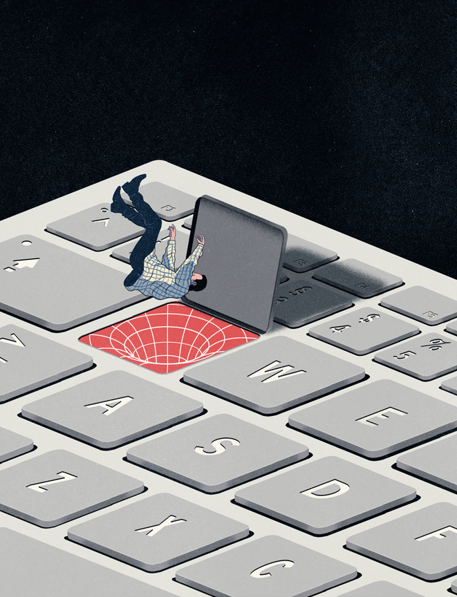 man falling into a huge keyboard