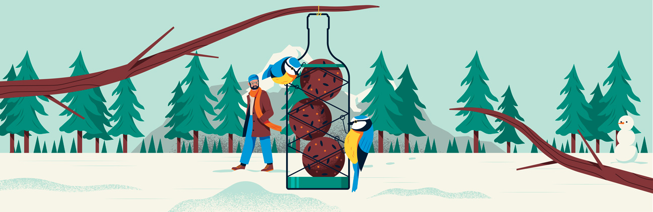 walking man in a snowy forest with blue tits in the front 