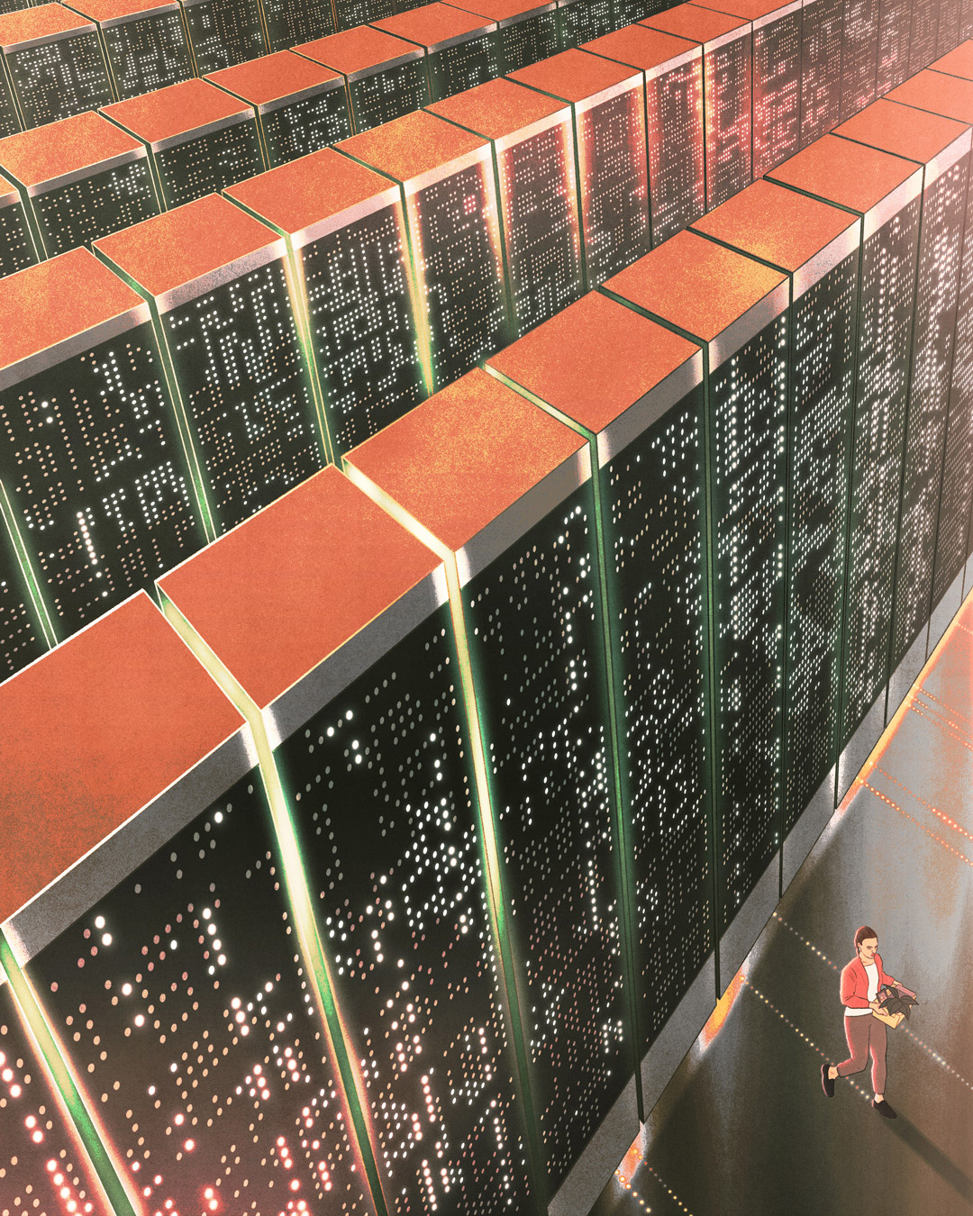 woman carrying a small box between huge servers