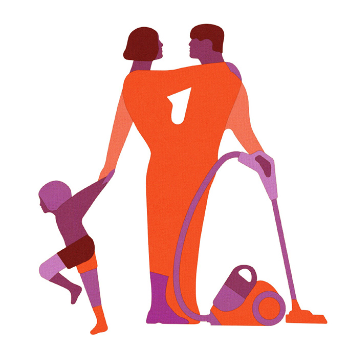 couple in hug with kid and vacuum cleaner 