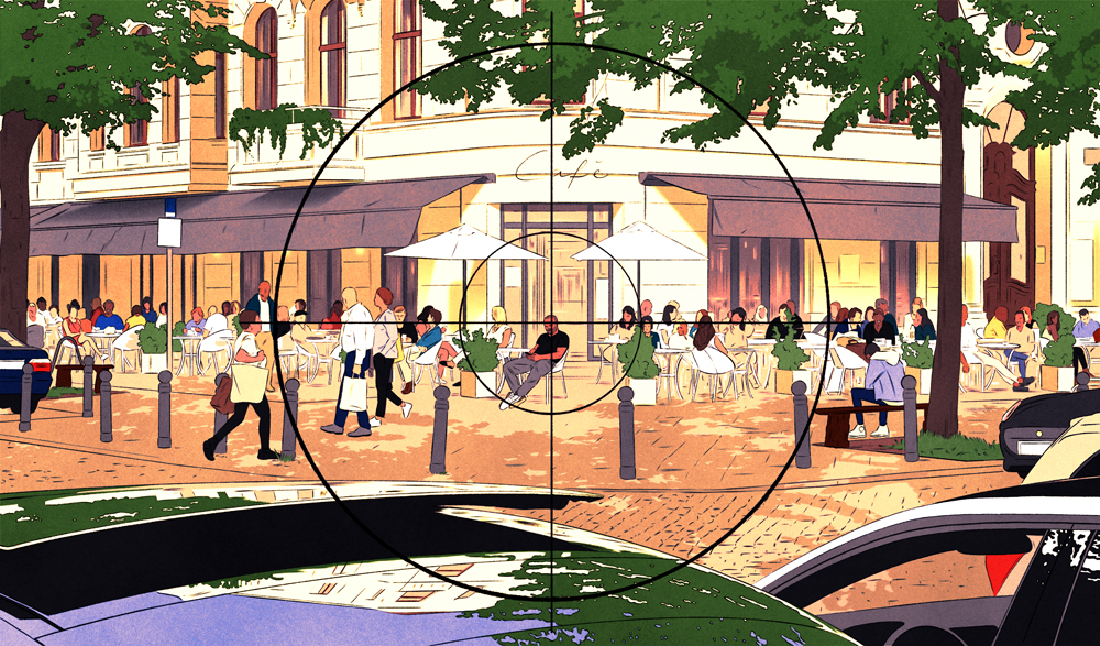 drawing of a cafe in focus of a crosshair