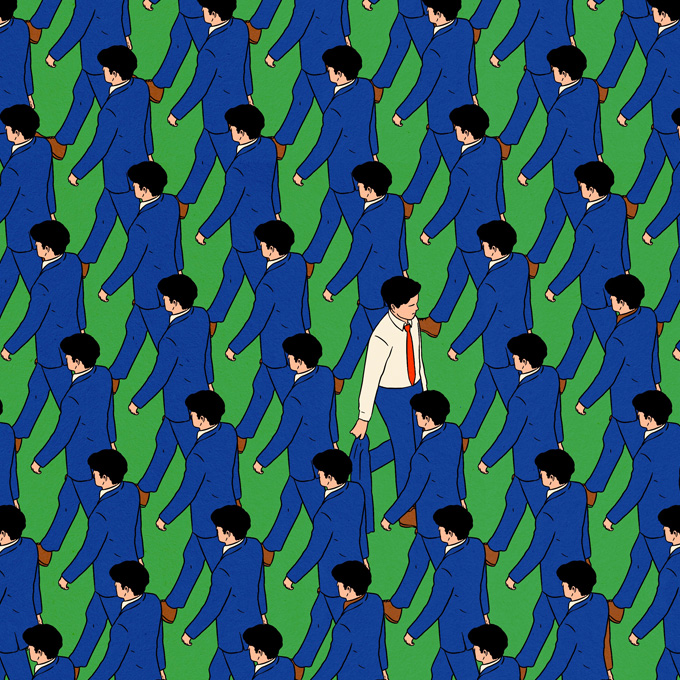 man walking towards others 