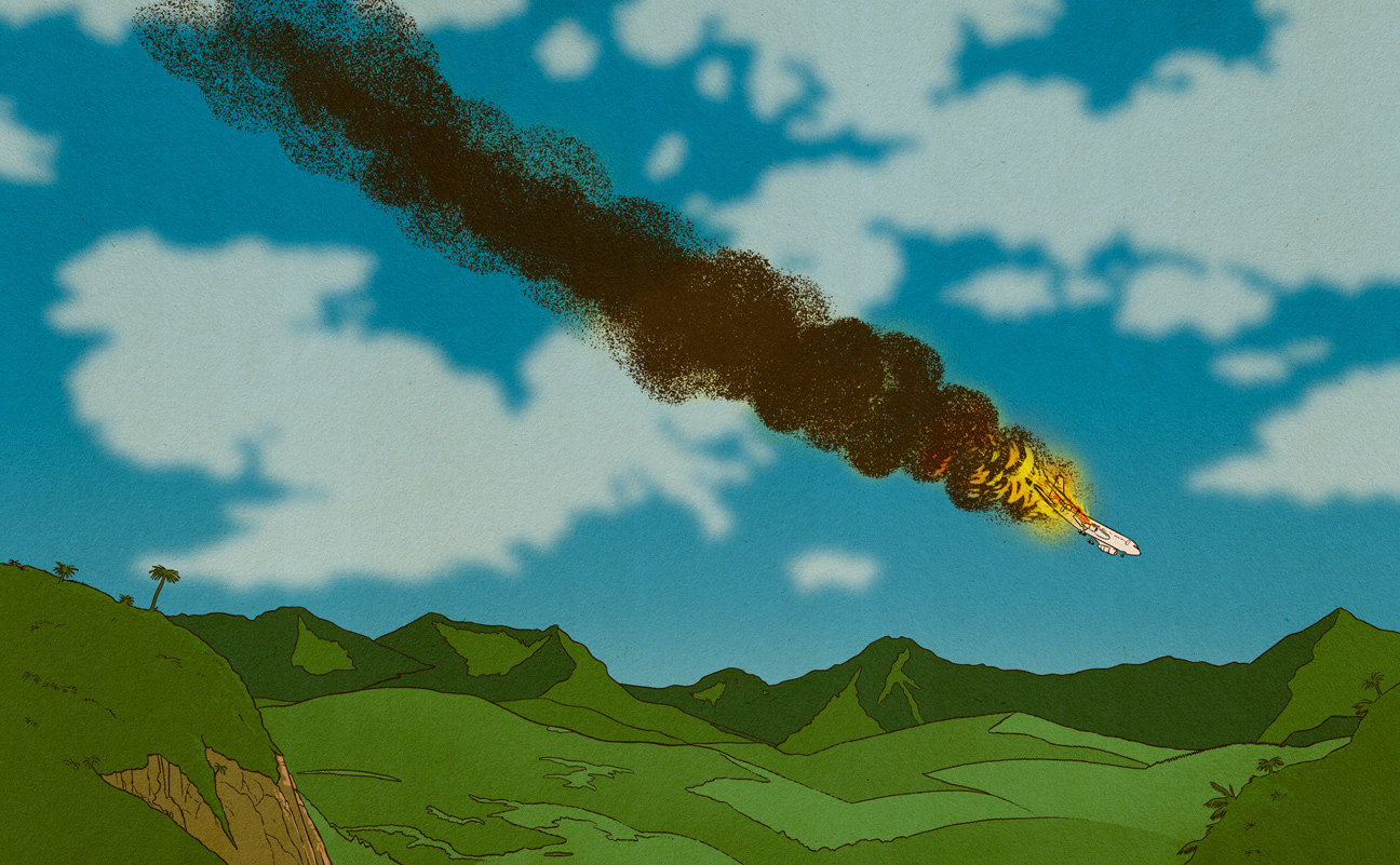 airplane crash over green hills