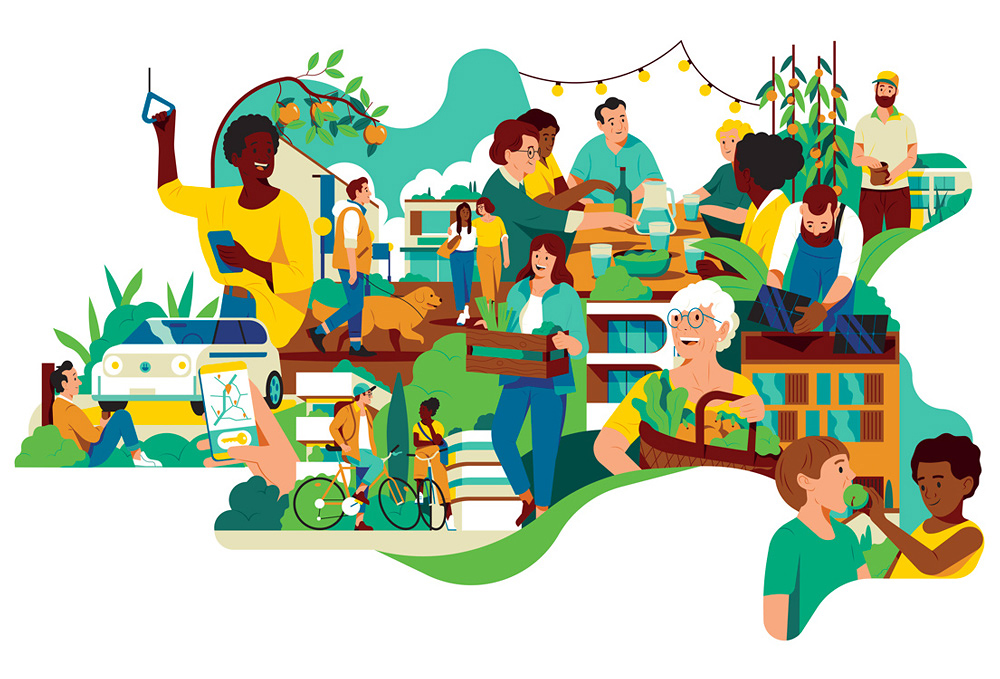 a collage of young and old people in every day situations sitting around a table, eating and riding bikes