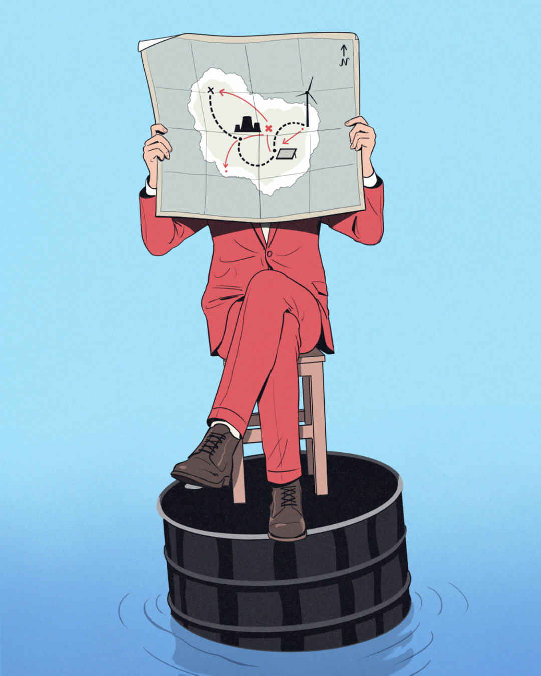 Man sits on a chair on an oil barrel in the sea reading a map.