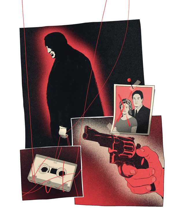 photos of hand with gun, couple and agent