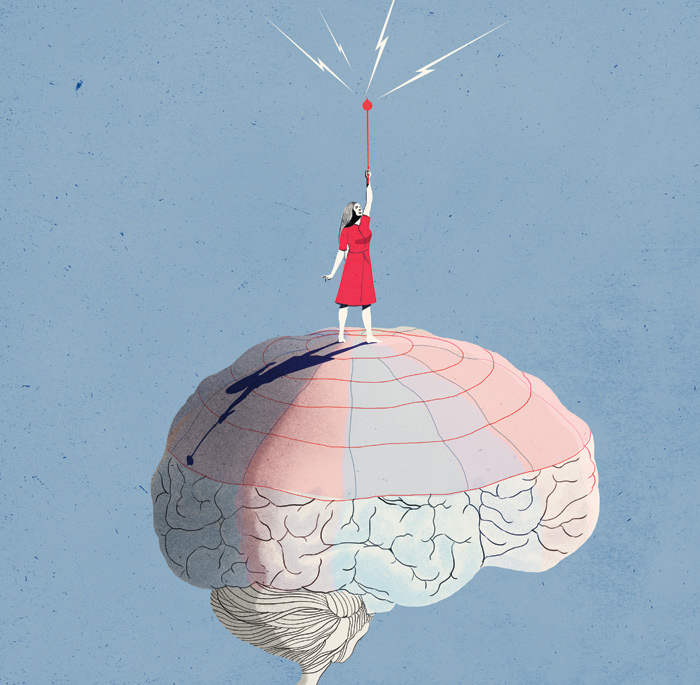 a triumphant woman standing on a brain 