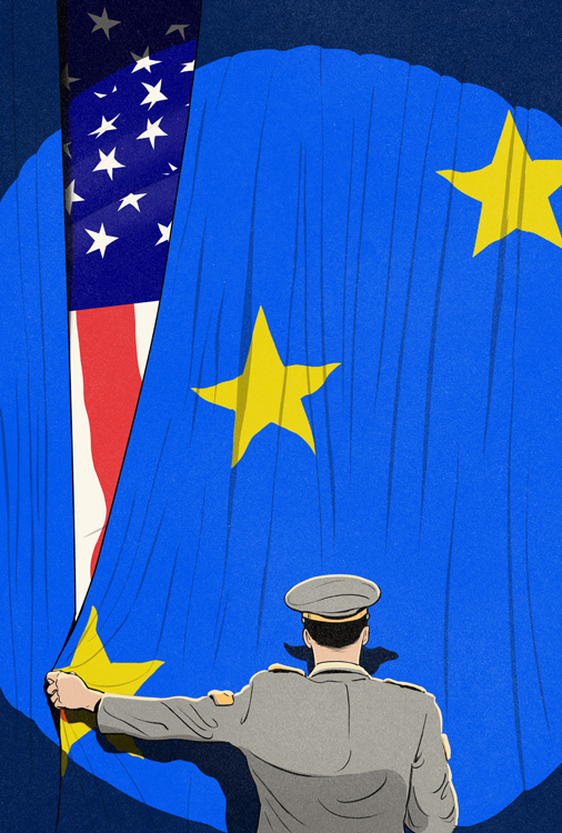 Soldier raises the European flag in front of the US flag