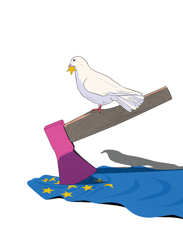 a dove on an axe with the European flag