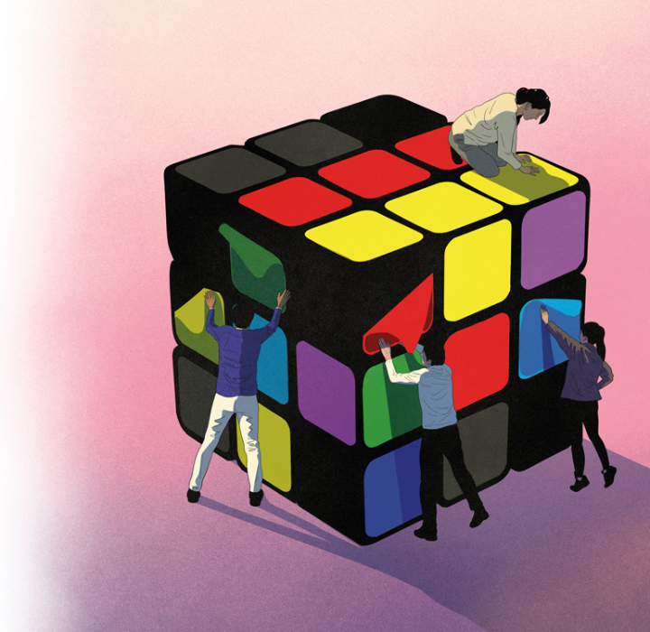 illustration of a giant magic cube with people sorting the colors on it