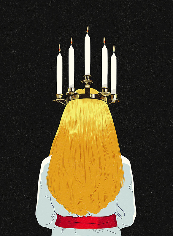 back of a woman wearing candles on her head