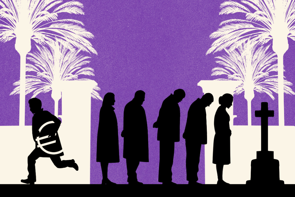 silhouettes of people at a funeral, a man running away with a euro sign 